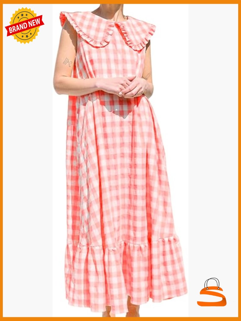 Women Sleeveless Maxi Dress Flowy A-Line Ruffle Casual With Pockets